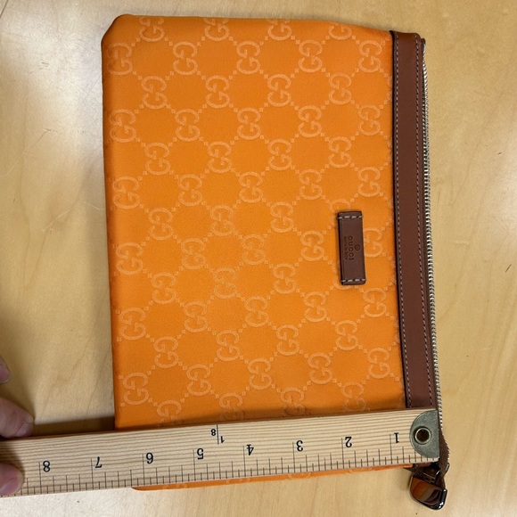 Gucci Orange Monogram Pouch – GG Satin with Leather Trim, Made in Italy - Picture 8 of 9